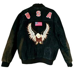 Vintage RARE KS Unique Black Genuine Leather Patriotic USA Eagle Flag Jacket